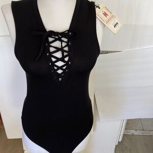 Black bodysuit snap bottom lace up front 95 rayon 5 spandex sleeveless brand new